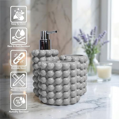 Better Trends Bathroom Accessories Set 3 Pieces Resin Bubble Textured Soap Dispenser, Toothbrush Holder & Tumbler for Vanity, Kitchen Sink & Countertop Organization Gray Nova Collection - color: Gray