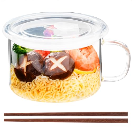 Baalaka Ramen Bowl Microwavable, 34 fl oz Glass Soup Bowl with Lid, 1 Set | Microwave ramen cooker has handles, a vented lid and wood chopsticks; 1000ml glass bowl serves noodles, soup or fried rice - size: normal
