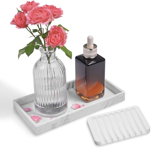 Bloss Bathroom Vanity Tray with Soap Dish Holder, 8 x 4 inch Small Silicone Tray for Soap Dispenser Bottles, Sponge Holder for Kitchen Sink Caddy Organizer, Bathroom Trays - color: Marble, size: 7.9" x 3.9" x 0.9"