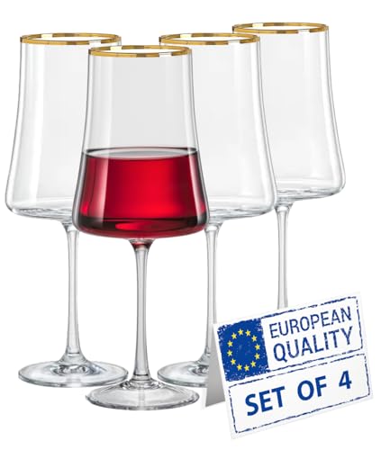 Gold Rim Wine Glasses | Set of 4 | Long-Stem Handblown Bohemia Crystal Glass for Red & White Wine, Elegant Lead-Free Glassware 13.5 oz