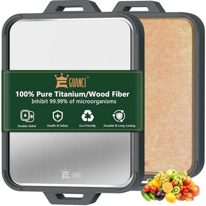 Titanium Cutting Board for Kitchen, Double Sided Pure Titanium & Wood Fiber | Non‑Slip Platinum Silicone Edge, Juice Groove, for Chopping Meat/Vegetables/Fruit Dishwasher Safe, 16"×11"