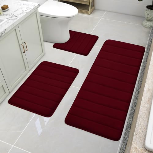 BYSURE Burgundy Memory Foam Bath Mats Extra Long | Non Slip Extra Soft Absorbent Machine WashableToilet Bathroom Rug Set 3 Piece 20"x32"+24"x44"+U Shape 20"x24" - color: Burgundy, size: 20"x32"+24"x44"+U Shape 20"x24"