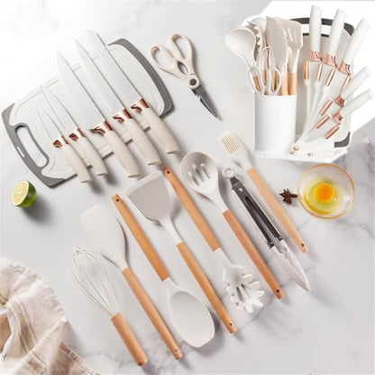 19 Pieces Kitchen Cooking Utensils and Knife Set with Holder Block, Include 11 Pcs Silicone Cooking Utensils 5 Pcs Sharp Stainless Steel Knives Scissors Whisk Tongs and Cutting Board (Deep Green) - color: Deep Green