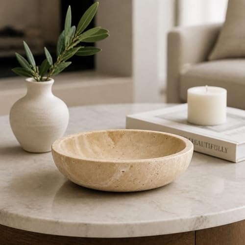 Natural Travertine Decorative Bowl for Coffee Table – 7.8”Handmade Beige Stone Fruit Bowl, Key Bowl for Entryway Table, Modern Catchall Tray, Vanity Jewelry Dish, Rustic Home Decor Centerpiece