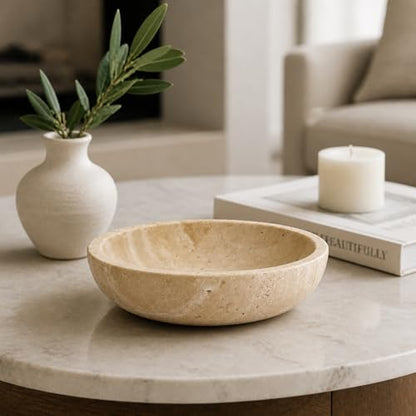 Natural Travertine Decorative Bowl for Coffee Table – 7.8”Handmade Beige Stone Fruit Bowl, Key Bowl for Entryway Table, Modern Catchall Tray, Vanity Jewelry Dish, Rustic Home Decor Centerpiece