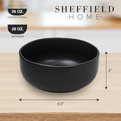 Sheffield Home Large Stoneware Cereal Bowls - Set of 6, 28oz Capacity - Dishwasher & Microwave Safe - 6" Diameter, Stylish & Functional for Everyday Use – Black - color: Black