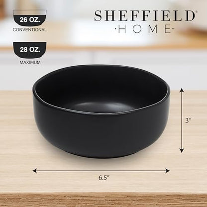 Sheffield Home Large Stoneware Cereal Bowls - Set of 6, 28oz Capacity - Dishwasher & Microwave Safe - 6" Diameter, Stylish & Functional for Everyday Use – Black - color: Black