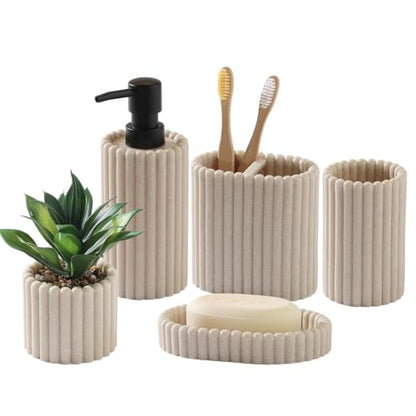 Bathroom Accessories Set,Sandstone Look Beige, Thick Stripe, 5 PCS | Modern, Minimalist, Included 13.5 OZ Soap Dispenser, Toothbrush Holder, Tumbler, Bar Soap Holder, Faux Potted Plant - color: Beige 5pcs