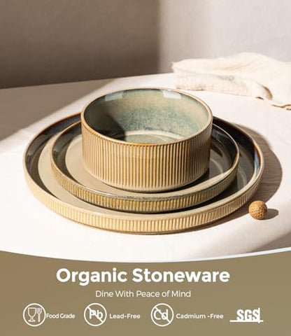 GBHOME Stoneware Dinnerware Sets for 4, 12 Pieces Plates and Bowls Set | Lightweight Ceramic Ribbed Dishes, Reactive Glaze Stackable Plate Set, Scratch Resistant, Microwave & Dishwasher Safe, Khaki - color: Sea Blue