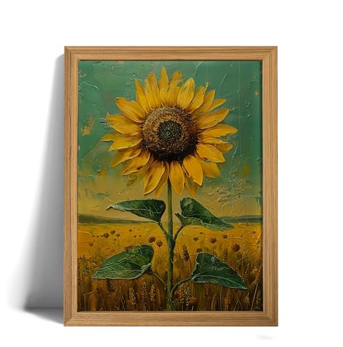 AZPRXN Sunflower Wall Art – Rustic Floral Canvas Print, Bright Yellow Flower Oil Painting Style Wall Decor，Farmhouse Picture poster for Living Room, Bedroom, Kitchen,Living Room,Wood Frame 12x16in - color: Sunflower, size: 16"L x 12"W
