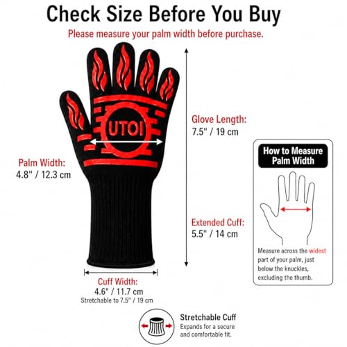 BBQ Grill Gloves, 1472°F Heat Resistant, Long Cuff, XL Non-Slip | Designed for campfire cooking, fire pits, smokers and grilling with silicone grip, EN407 certified protection. - color: Red and Black Bbq Gloves