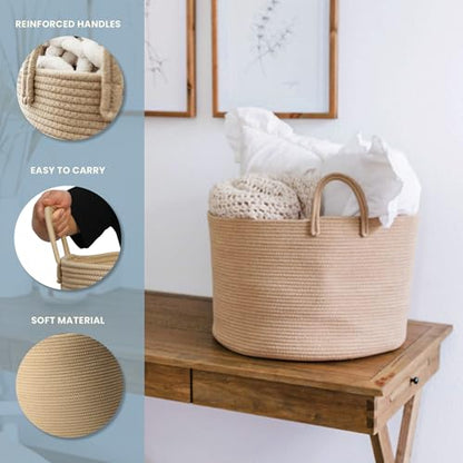 OrganiHaus Round Toy Basket & Blanket Basket, Cotton Rope 20x13" | Full Honey - Round Cotton Rope Basket, 20x13" - color: Full Honey, size: Wide