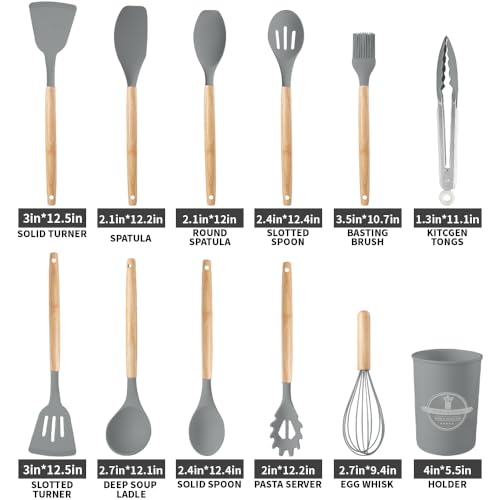 Silicone Cooking Utensils Set, 12Pcs Large Heat Resistant Kitchen Utensils, Turner Tongs, Spatula, Spoon, Wooden Handle Kitchen Gadgets with Holder for Nonstick Cookware, Dishwasher Safe (Grey) - color: Gray