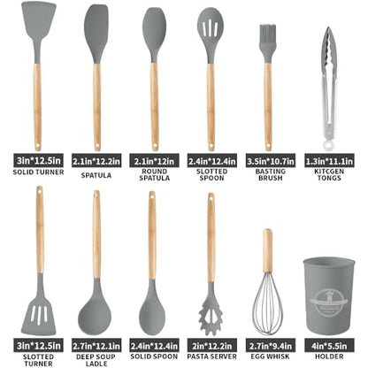 Silicone Cooking Utensils Set, 12Pcs Large Heat Resistant Kitchen Utensils, Turner Tongs, Spatula, Spoon, Wooden Handle Kitchen Gadgets with Holder for Nonstick Cookware, Dishwasher Safe (Grey) - color: Gray