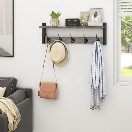 Wall Hooks With Shelf, 24 Inch Coat Rack Wall Mount for Entryway, Clothes, Backpack, Key, Purse - Floating Shelf Hanging in Bathroom, Bedroom, Hallway, Rustic Grey - color: Rustic Grey, size: 24 Inch Long