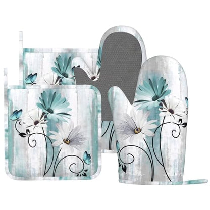 Teal Daisy Oven Mitts Pot Holders Set Silicone Heat Resistant Farm Teal Daisy Floral Flowers and Butterfly Oven Mitts and Hot Pads Potholders Non-Slip Oven Gloves for BBQ - color: Teal