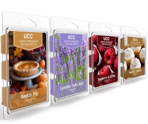 UCC Scented Soy Wax Melts 4 Pack, Strong Fragrance Wax Cubes for Wax Warmers, Long Lasting Home Aromatherapy Scents, Vanilla Cupcake, Lavender Tonka Bean, Pumpkin Pie & Raspberry Coffee