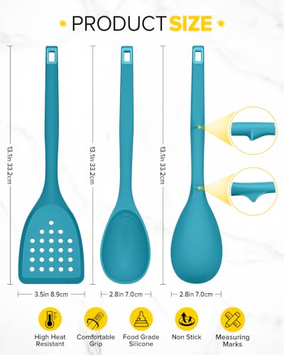 Pack of 4 Silicone Cooking Utensils Set, Non Stick Solid Spatulas and Heat Resistant Slotted Spoons with Back Hooks, Ideal BPA Free Kitchen Utensils Set for Frying,Serving,Turning,Stirring (BLUE) - color: Blue