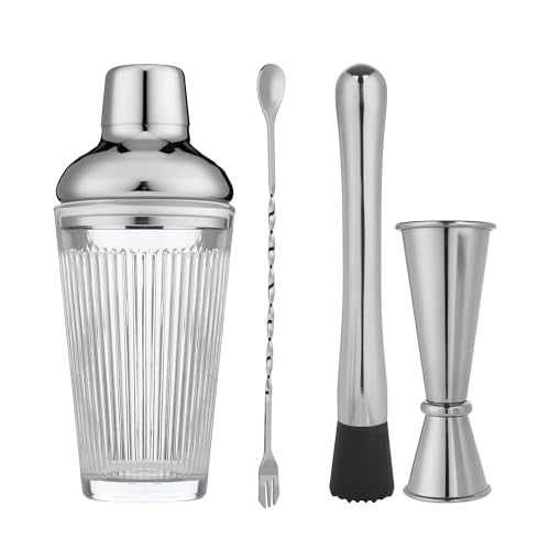 Silver Cocktail Shaker Set - Bartender Shaker Kit with Mixing Tools & Stainless Steel Strainer, Premium Bar Tool Set for Crafting Martinis & Whiskey Cocktails - color: Silver Set