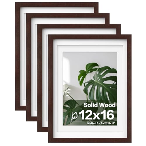 Egofine 12x16 Picture Frames with Plexiglass, Display Pictures 9x12/11x14 with Mat or 12x16 Without Mat Set of 4 for Wall Mounting,Walnut Color - color: Walnut Brown, size: 12x16