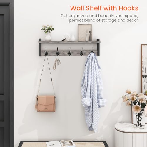 Wall Hooks With Shelf, 24 Inch Coat Rack Wall Mount for Entryway, Clothes, Backpack, Key, Purse - Floating Shelf Hanging in Bathroom, Bedroom, Hallway, Rustic Grey - color: Rustic Grey, size: 24 Inch Long