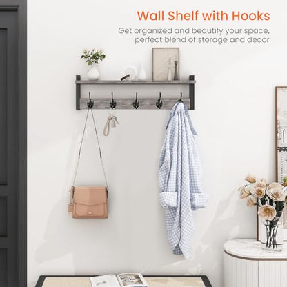 Wall Hooks With Shelf, 24 Inch Coat Rack Wall Mount for Entryway, Clothes, Backpack, Key, Purse - Floating Shelf Hanging in Bathroom, Bedroom, Hallway, Rustic Grey - color: Rustic Grey, size: 24 Inch Long