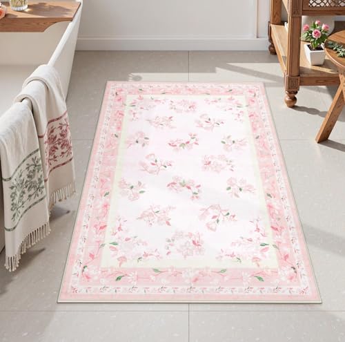 LIVEBOX Floral Pink Washable Entryway Rug, 2x3 Boho Bathroom Rugs Non Slip Soft Bedroom Accent Rug, Ultra Thin Flower Small Throw Rugs for Entryway Indoor Door Mat for Kitchen Bedside, Pink - color: Pink, size: 2' x 3' (Rectangular)