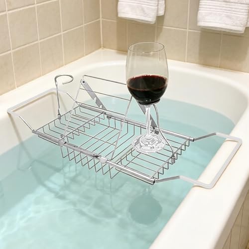 Bathtub Caddy Tray, Expandable Bath Tub Table with Removable Book Holder Red Wine Rack Holder, for Home Kitchen Bathroom, Sliver - color: Sliver
