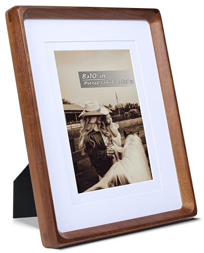 8x10 Picture Frame with Mat for 5x7/6x8, USA-Sourced Natural Walnut Wood Handcrafted Rounded Corner with Real Glass, Vertical or Horizontal Display Photo Gallery Wall & Tabletop Frame - color: Walnut, size: 8x10 Matted to 5x7/6x8
