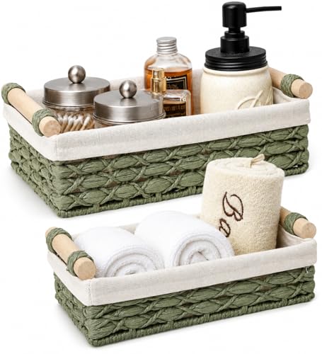 Green Paper Rope Bathroom Baskets Set of 2, Wooden Handles | Toilet Tank Baskets for Organizing, Green Bathroom Storage Baskets with Liner, Toilet Paper Basket, Sage Green Bathroom Décor - color: Green