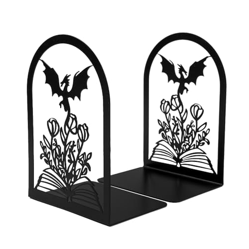 Dragon Book Ends, Heavy Duty Metal Bookends for Shelves | Non Skid Metal Book Divider Decorative Holder, Abstract Art Desgin Book Stopper Supports for Office, Home - color: Dragon a