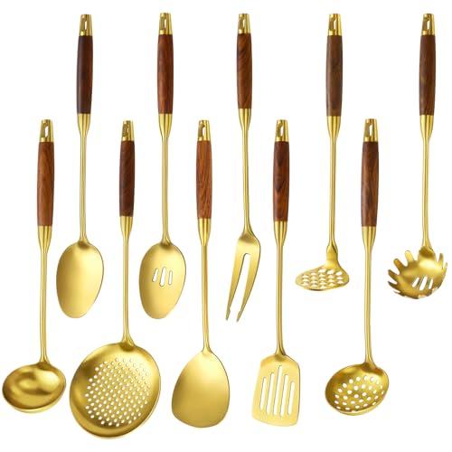 Izurok 18/10 Stainless Steel Kitchen Utensils Set,10 Piece Cooking Utensils With Wood Handle,Heat Resistant Kitchen Tool Set With Spatula,Spoon,Ladle,Skimmer,Slotted Turners,Pasta,Turner,Ladl,Fork - color: GOLD-10 Pieces, size: Small
