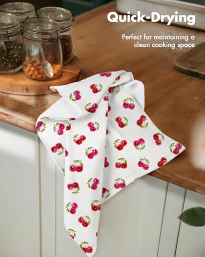 2pcs Cotton Waffle Kitchen Towels, Cherry | Waffle Weave, Terry Cloth, Pure Cotton, Sustainable, 16"x26", Highly Absorbent, with Hanging Loop, Giftable Package - color: Cherry