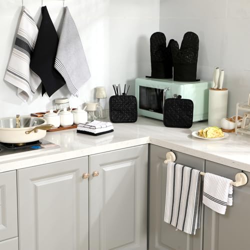 LemonRoad 12 Pcs Oven Mitts Kitchen Towels Dishcloths with Pot Holders Sets Dish Towels Sets Oven Gloves Heat-Resistant Pot Pads with Silicone for Kitchen Cooking Baking(Black) - color: Black