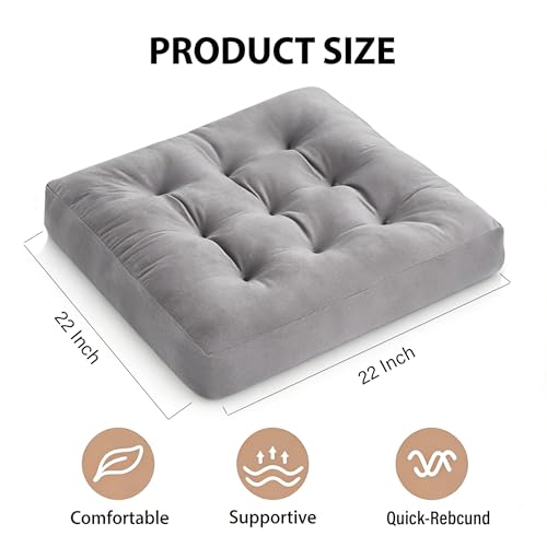Square Floor Pillow Cushion, 22"x22" Meditation Pillow, Gray | Thick Tufted, Soft Velvet Seat Cushion, for Yoga, Gaming, Reading, Living Room, Tatami, Chair - color: Gray