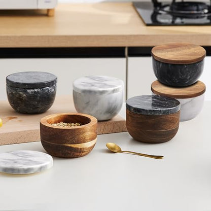 jalz jalz Acacia Wood Salt Cellar with black Marble Lid, 10oz Pinch Pot & Spoon - color: Black Cover Natural Base