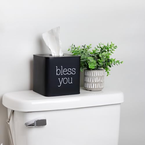 AuldHome Design Square Tissue Box Cover (Black); Modern Farmhouse Enamelware Tissue Holder - color: Black With "Bless You"
