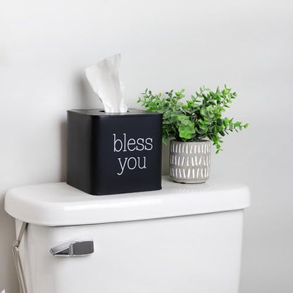 AuldHome Design Square Tissue Box Cover (Black); Modern Farmhouse Enamelware Tissue Holder - color: Black With "Bless You"
