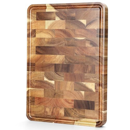 XINZUO Acacia Wood End Grain Cutting Board (13.8''L x 9.8''W x 1''T)-Wooden Chopping Board with Non-Slip Feet, Side Handles and Juice Groove - size: 13.8"L x 9.8"W