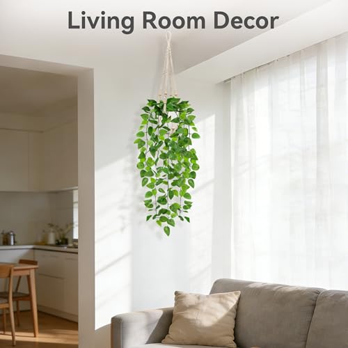 USLAI Fake Hanging Plant, Artificial Pothos Vines Greenery with Pot and Macrame Plant Hanger for Indoor Outdoor Boho Decor - size: 1 Pack