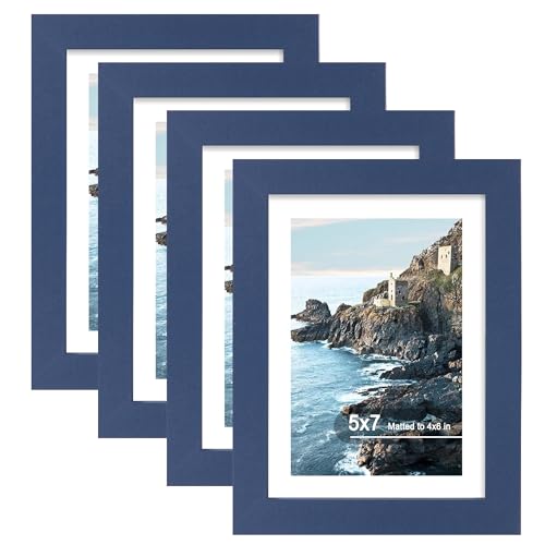 Hongkee 5x7 Picture Frame (4 Pack, Blue) Made of Real Glass and Wooden Frame - Display Pictures 4x6 with Mat or 5x7 Without Mat, 5 by 7 Photo Frames TableTop Display and Wall Mounting - color: Blue, size: 5x7 in