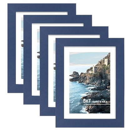 Hongkee 5x7 Picture Frame (4 Pack, Blue) Made of Real Glass and Wooden Frame - Display Pictures 4x6 with Mat or 5x7 Without Mat, 5 by 7 Photo Frames TableTop Display and Wall Mounting - color: Blue, size: 5x7 in