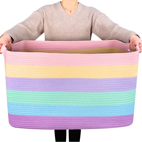 22in Extra Large Blanket Basket Holder Living Room, Rectangle Rope Woven Storage Basket with Handles for Laundry, Pool Towels, and Shoes, Dog Toy Organizer Bin Box, Pastel Rainbow