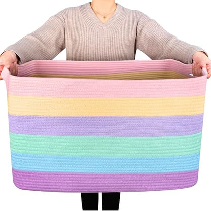 22in Extra Large Blanket Basket Holder Living Room, Rectangle Rope Woven Storage Basket with Handles for Laundry, Pool Towels, and Shoes, Dog Toy Organizer Bin Box, Pastel Rainbow