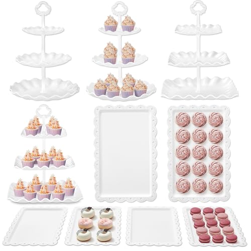Kootek 10pcs Cupcake Stand Dessert Table Display Set Serving Tray for Party | 3-Tier Cupcake Stand, 6 Rectangular Trays, Hold 128 Standard Cupcakes, Cookie Display, BPA-Free, No Tools Required, Hand Wash - color: Bright White, size: 10 Set