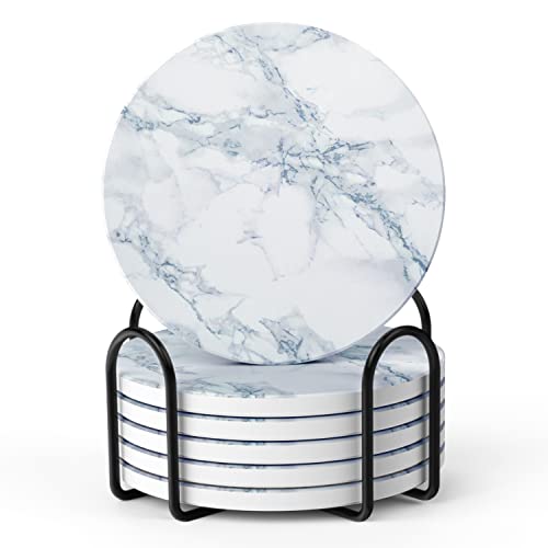LIFVER Coasters for Drinks, White Marble-Style Absorbent Coasters with Holder, Housewarming Gifts for Home Decor, Suitable for Kinds of Cups, 4 Inches, Set of 6 - color: Ivory Marble, size: 6 Pack