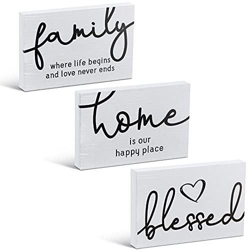 Jetec 3 Pcs Family Home Blessed Rustic Wood Sign Mini Wood Decorative Farmhouse Woodworks Table Shelves Decorations Sign for Bedroom Kitchen Living Room Table Decor(White,4.25 x 2.76 x 0.59 in) - color: White, size: 4.25 x 2.76 x 0.59 in