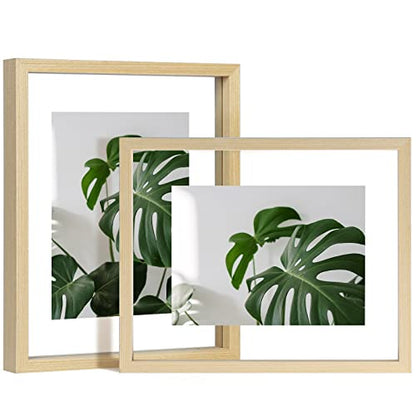 Egofine 8x10 Floating Frames Set of 2, Double Plexiglass Picture Frame, Made of Solid Wood Display Any Size Photo up to 8x10, Wall Mount or Tabletop Standing, Natural Wood - color: Natural Wood, size: 8x10