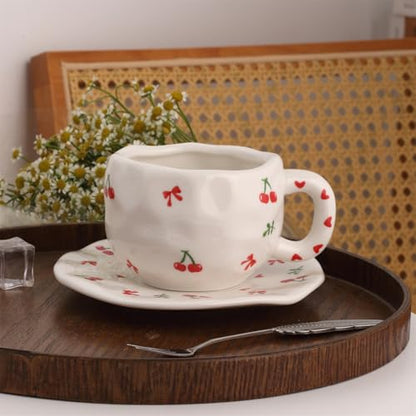 TREEWOO Hand Painted Cherry Ceramic Coffee Cup and Saucer Set, 300ml/10 oz, Korean Style, Hand Pinched Irregular Cappuccino Latte Tea Cup - color: Cherry