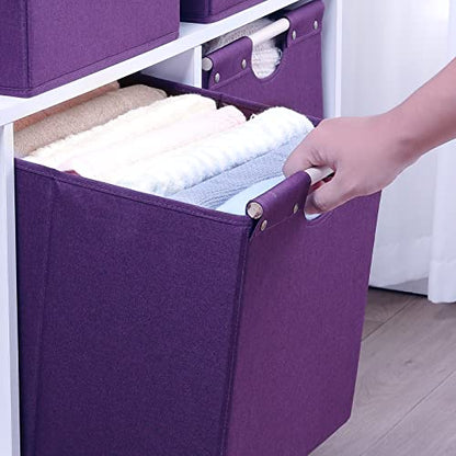 HOONEX Large Collapsible Storage Bins, Linen Fabric, Pack of 2, Storage Baskets with Wooden Carry Handles and Sturdy Heavy Cardboard, for Home, Office, Car, Nursery, Dark Purple - color: Dark Purple